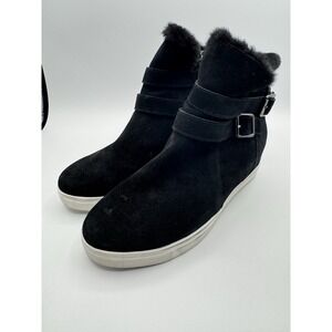 Blondo Geneva Womens 9.5 Ankle Boot Waterproof Black Suede Hidden Wedge Faux Fur